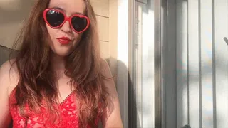 Sexy Goddess D Smoking Outside in See Through Red Lace Lingerie - Red Lipstick - Marlboro Light 100