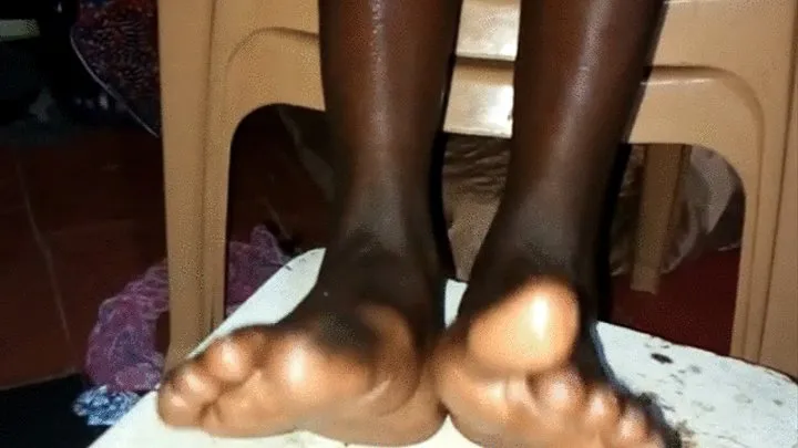 Skinny Dark Skinned Chick's Feet Down On Stool Pt 2