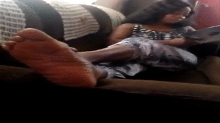 Akweley Reading as Her Meaty, Sexy, Wrinkled Soles are Up On the Couch & Crossed