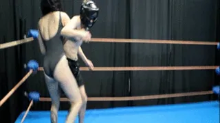 Beaten by a girl in one piece bikini