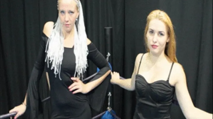 Blondies in dresses wrestle and dominate a guy