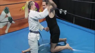 Strong girl in gi wrestles competitively