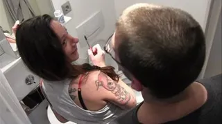 Younger, out of shape nerdy room mate runs in on our sexy tattooed milf getting dressed up