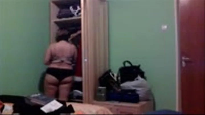 Fat girl tries step-mom's tight clothes and gets horny