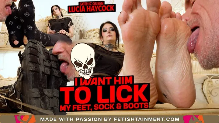 He has to work for the right to lick my feet ( Foot Worship with Gothic Queen Lucia Haycock )