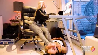 A new day with my foot bitch #6 The bitch licks my bare feet in the office ( Lesbian Foot Domination with Goddess Sheila )