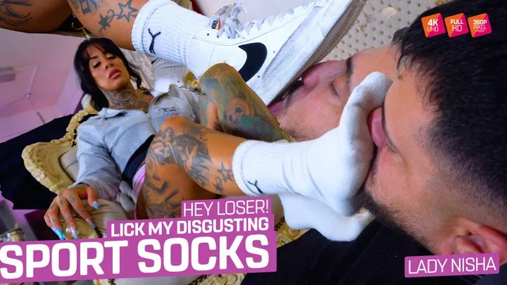 The loser on a leash has to lick my disgusting sports socks! ( Sock Worship with Lady Nisha )