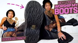 Come and lick my club boots clean! ( Boot Humiliation with Goddess Tracy )