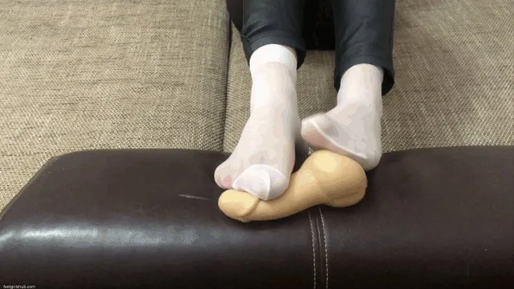 FOOT PLAY WITH LITTLE TOY COCK IN WHITE SHEER SOCKS