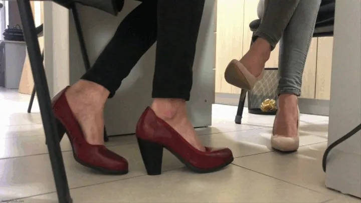 TWO GIRLS SHOEPLAY IN HEELS UNDER OFFICE DESK