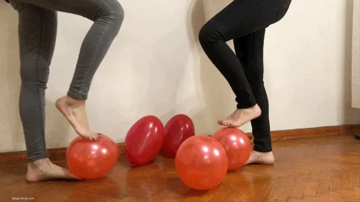 TWO GIRLS POPPING BALLOONS BAREFOOT