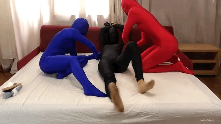 THREE GIRLS IN ZENTAI SUITS TICKLING NYLON FEET OF KYLIE (PART 1)