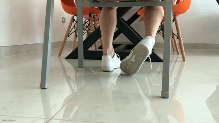 BIG FEET IN SNEAKERS SHOEPLAY UNDER THE TABLE