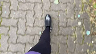 PEDAL PUMPING BLACK OPAQUE NYLONS AND LEATHER ANKLE BOOTS