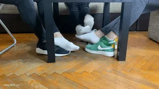 THREE GIRLS ON A WORK BREAK HOT FOOTSIE UNDER TABLE IN SOCKS