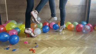 TWO GIRLS POPPING BALLOONS IN HIGH HEELS