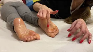 FOOT TICKLE MASSAGE FOR HER OILY SOLES WITH LONG RED NAILS