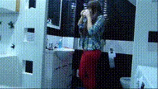 Desperate pee in red pants