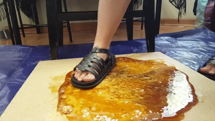 Charlie Angel gets Black Sandals Stuck in Glue