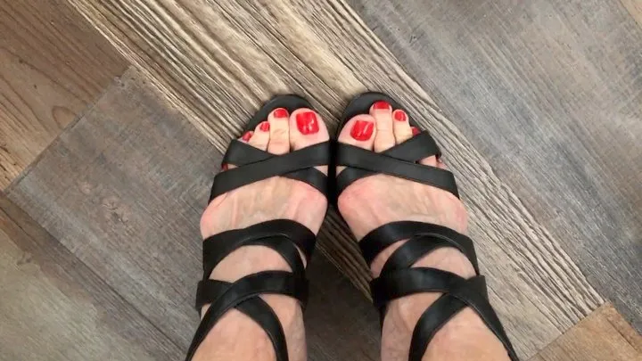 Toe Wiggling In Black Strappy Sandals