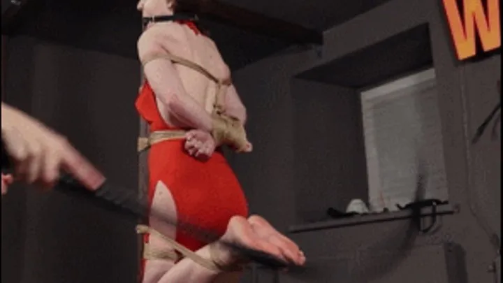 Helpless Alice gets hard bastinado while tied to pole on her knees