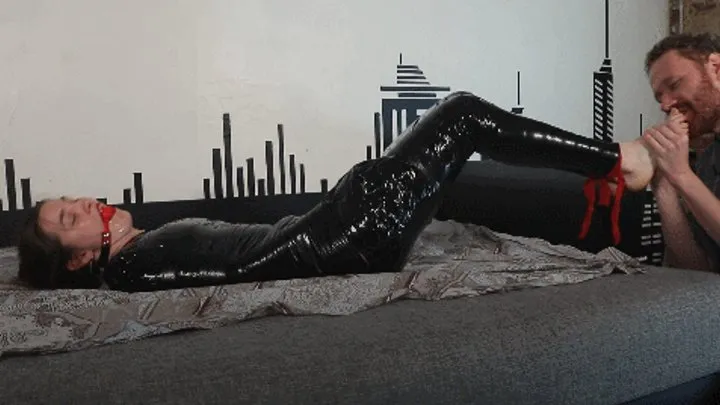 Secret agent's nightmare: foot licking in tight PVC mummification