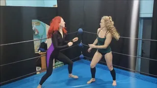 Blonde and redhead catfight and squeeze necks with hands