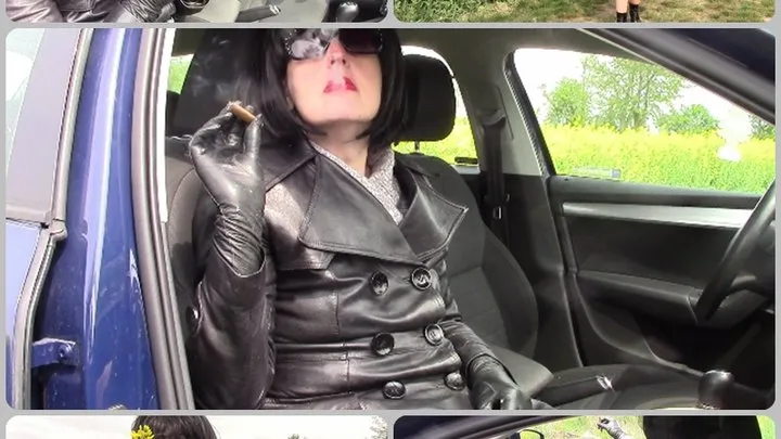 Mistress in two-row leather coat smokes Swisher cigarillo