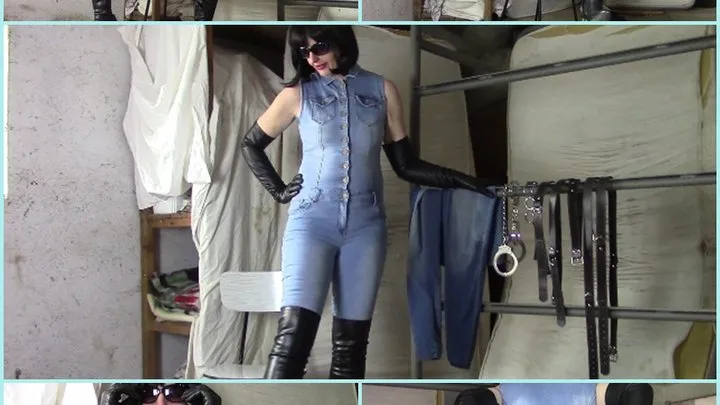 Jeans Mistress in leather gloves and overknee boots after lesson