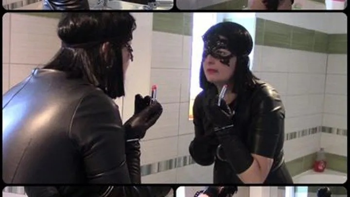 Before the mirror, red lipstick, handcuffs and leather gloves