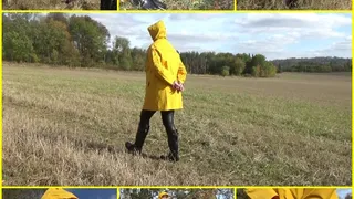 Handcuffed walk with ball gag and in yellow raincoat