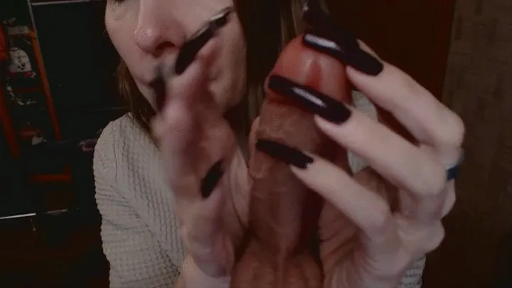 long natural nails in dark red play with dildo