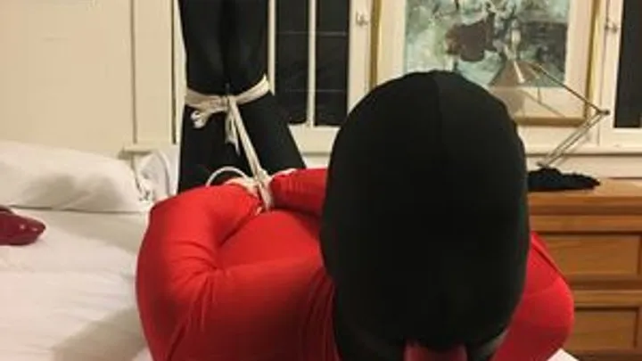 SHE GETS CAUGHT TRYING ON HER NEW ZENTAI SUIT AND GETS HOGTIED. BONDAGE EDITION