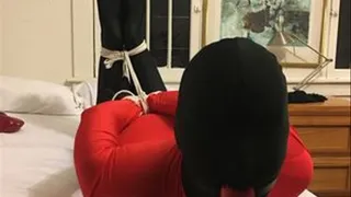 SHE GETS CAUGHT TRYING ON HER NEW ZENTAI SUIT AND GETS HOGTIED. BONDAGE