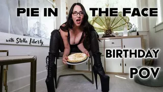 Pie in The Face Birthday POV with High Heeled Boots & Leather Pants - verbal humiliation, pie in the face, coconut creampie, foot slave training, femdom pov