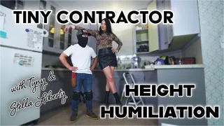 Tiny Contractor Height Humiliation - Stella Liberty and Tyny - tall woman short man, femdom, height domination, human furniture fetish, high heels