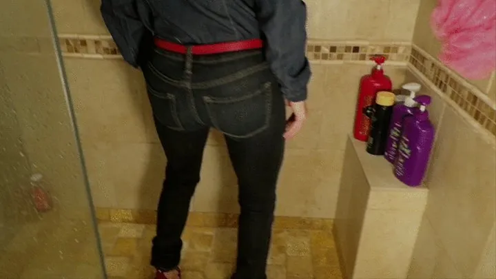 Girl in Skin Tight Jeans Long Sleeve Denim Shirt Red Heels and Red Belt in Shower