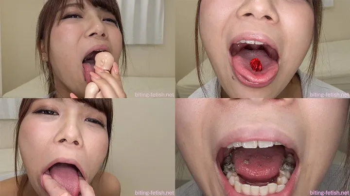 Haruka Takami - Showing inside cute girl's mouth, chewing gummy candys, sucking fingers, licking and sucking human doll, and chewing dried sardines mout-78