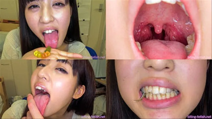 Rurika - Showing inside her mouth, sucking fingers, chewing gummy candys and dried sardines MOUT-06