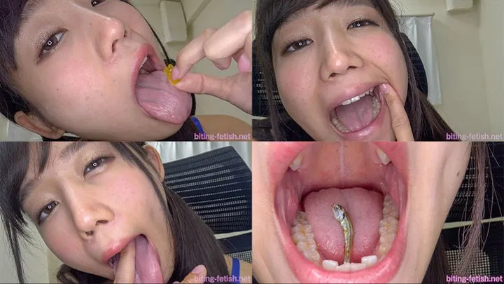 Ai Hoshina - Showing inside cute girl's mouth, sucking fingers, chewing gummy candys and dried sardines MOUT-20