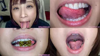 Ayumi - Showing inside cute girl's mouth, sucking fingers, chewing gummy candys and dried sardines MOUT-11
