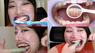 Miki Sunohara - Observing Sunohara Miki's teeth with a dental mirror & brushing her teeth while wearing a mouth opener & finger toothbrushing while wearing a lip hook