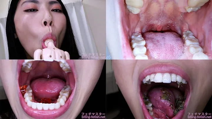 Tomomi Okanishi - Showing inside cute girl's mouth, chewing gummy candys, sucking fingers, licking and sucking human doll, and chewing dried sardines