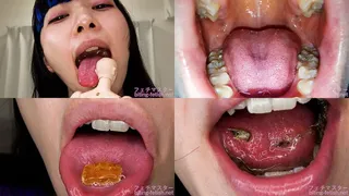 Meru Adachi - Showing inside cute girl's mouth, chewing gummy candys, sucking fingers, licking and sucking human doll, and chewing dried sardines