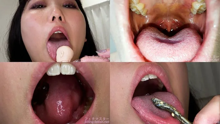 Shu - Showing inside cute girl&amp; #039; s mouth, chewing gummy candys, licking and sucking human doll, and chewing dried sardines