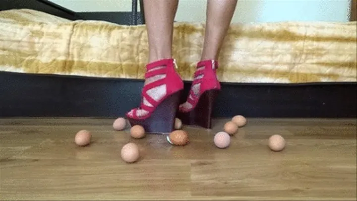 Crushing ten boiled eggs with my platform red sandals