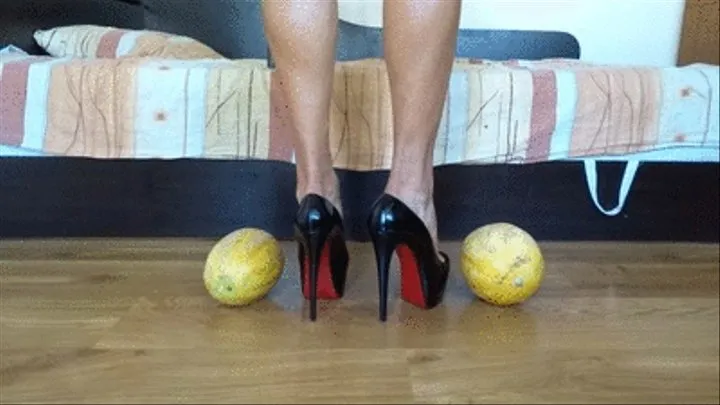 Destroying melons with my new patent leather black red bottom pumps