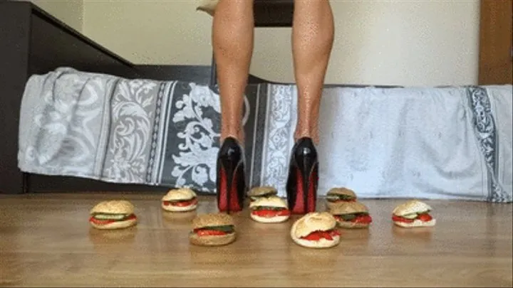 Destroying hamburgers with my red bottom patent leather pumps