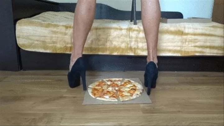 Crushing two pizza two breads and some swiss rolls under four different pair of high heels