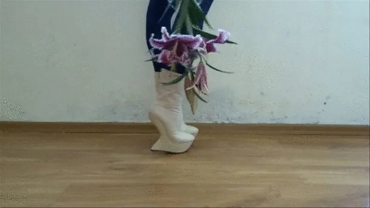 Crushing your girlfriend's gift flowers under my white boots